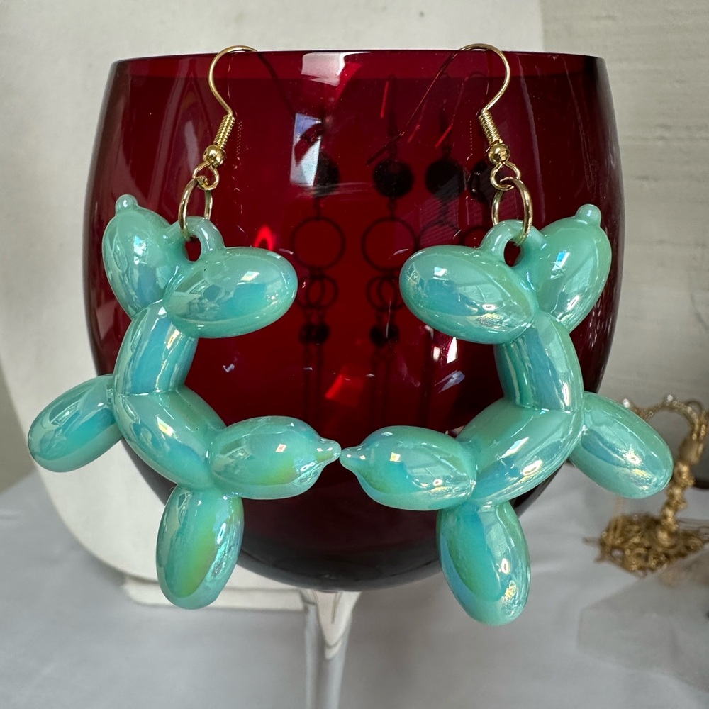 Large style mint green iridescent balloon dog poodle earrings